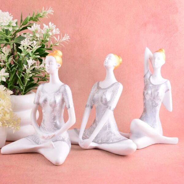 Suitable for home decor Yoga Posture Lady Statue Idol for Home Yoga Statue three pair admirable piece of gift (silver)